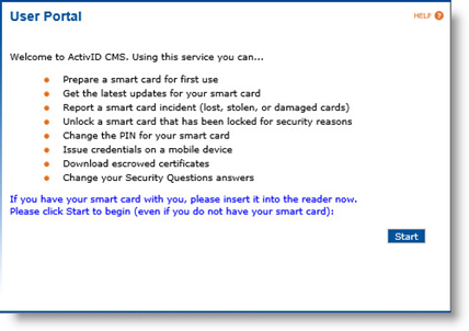 User Portal Welcome page with a Start button at the bottom right